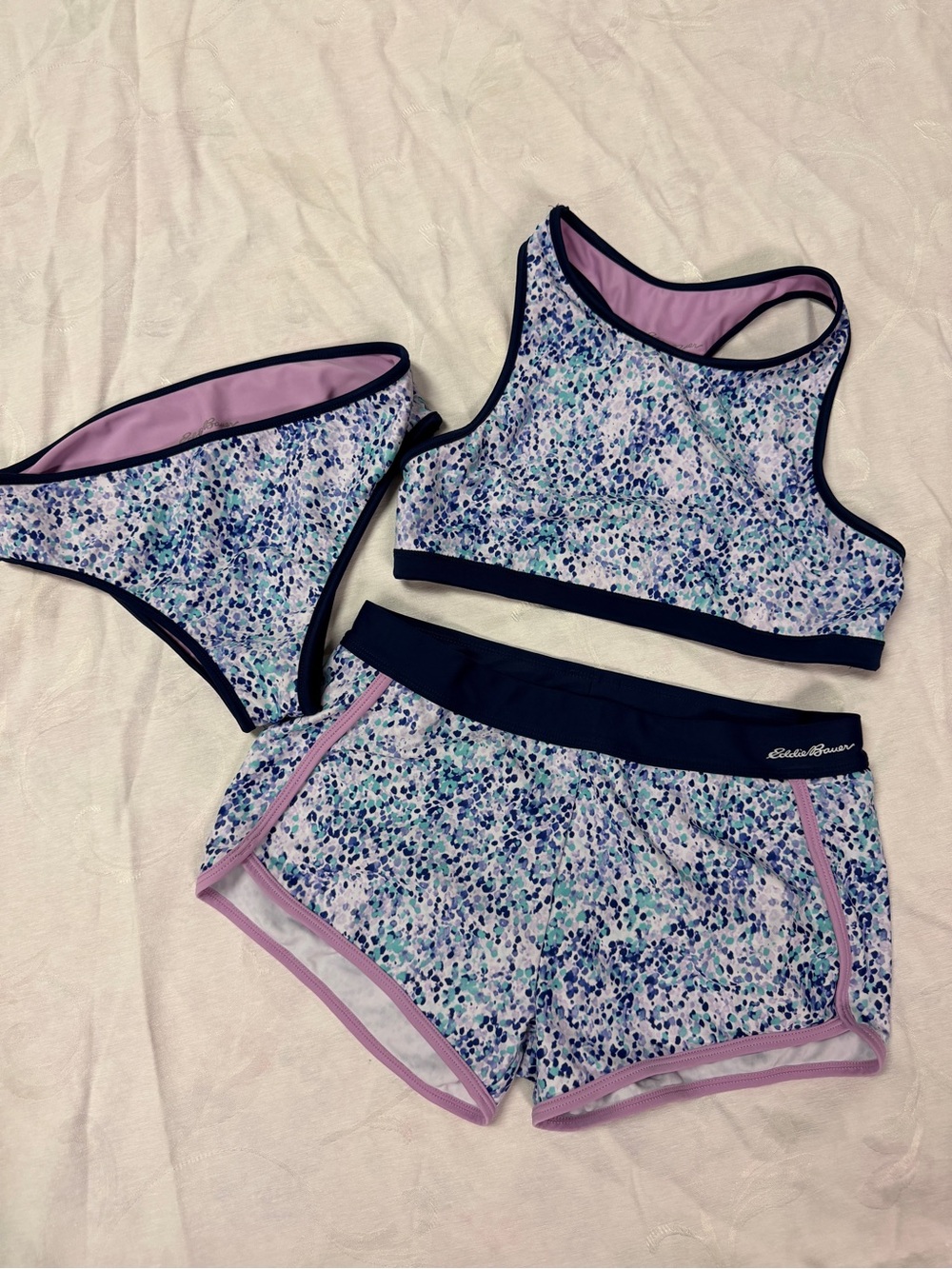 Eddie Bauer Navy and purple three piece reversible Swim set